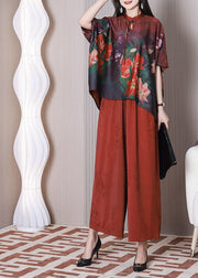 Elegant Red Mandarin Collar Oversized Tassel Print Silk Two Pieces Set Summer