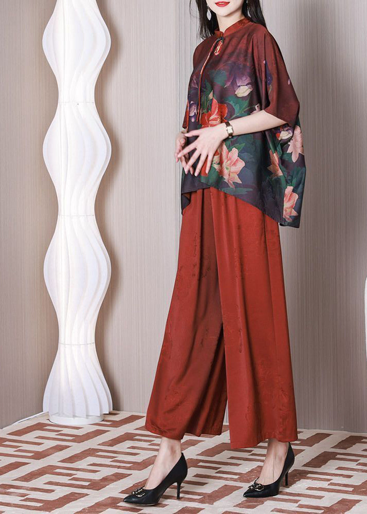 Elegant Red Mandarin Collar Oversized Tassel Print Silk Two Pieces Set Summer