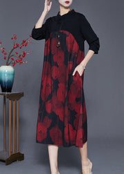 Elegant Red Mandarin Collar Print Cotton Holiday Dress Spring