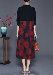 Elegant Red Mandarin Collar Print Cotton Holiday Dress Spring