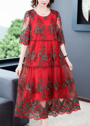 Elegant Red O-Neck Embroidered Tulle Vacation Dress Half Sleeve