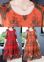 Elegant Red O-Neck Embroidered Tulle Vacation Dress Half Sleeve