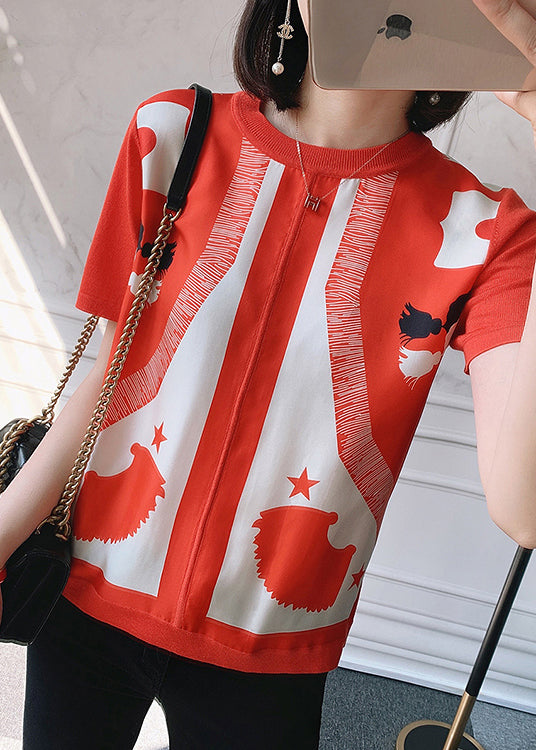 Elegant Red O-Neck Print Silk Patchwork Knit Top Short Sleeve