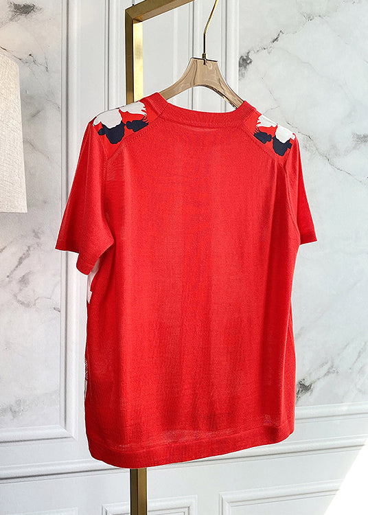 Elegant Red O-Neck Print Silk Patchwork Knit Top Short Sleeve