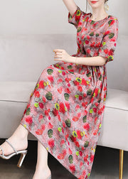 Elegant Red O-Neck Print 2022 Linen Cinch Dresses Short Sleeve
