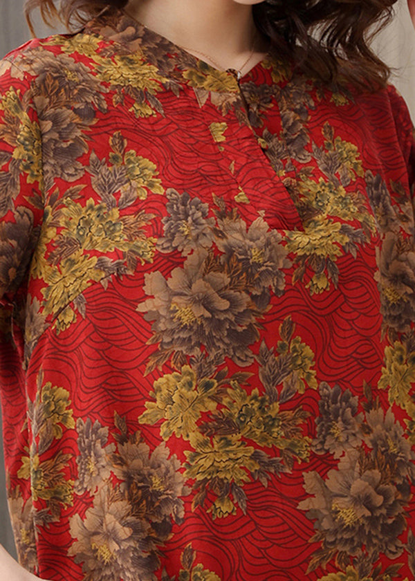 Elegant Red O-Neck Print 2024 Silk Shirts Short Sleeve