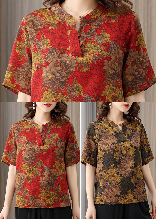Elegant Red O-Neck Print 2022 Silk Shirts Short Sleeve