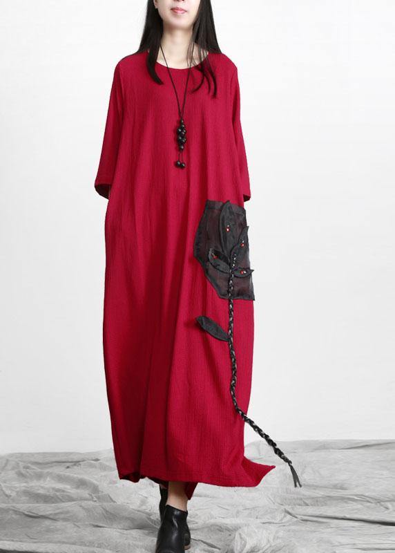 Elegant Red Patchwork Appliques Pockets Dress Fall - SooLinen