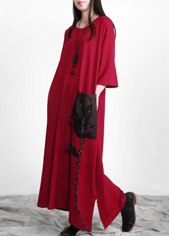 Elegant Red Patchwork Appliques Pockets Dress Fall - SooLinen
