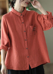 Elegant Red Peter Pan Collar Embroidered Button Linen Shirt Long Sleeve