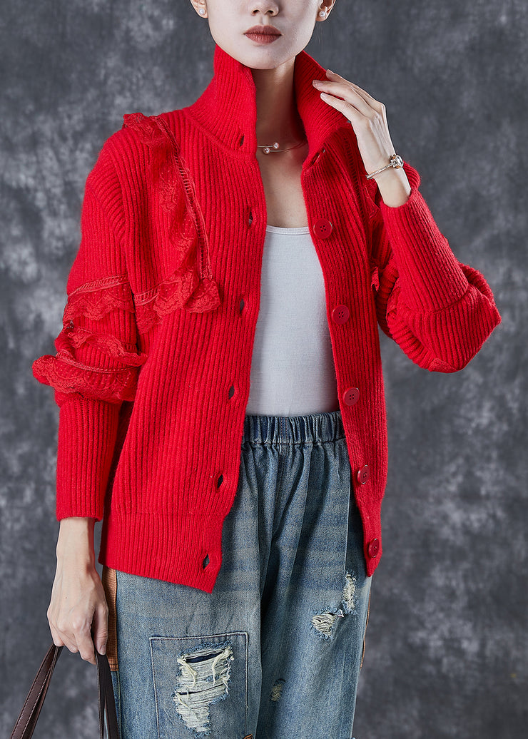 Elegant Red Peter Pan Collar Lace Patchwork Knit Coats Winter