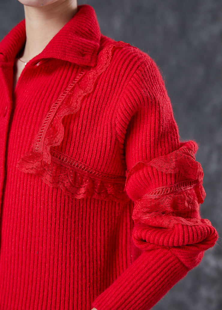 Elegant Red Peter Pan Collar Lace Patchwork Knit Coats Winter