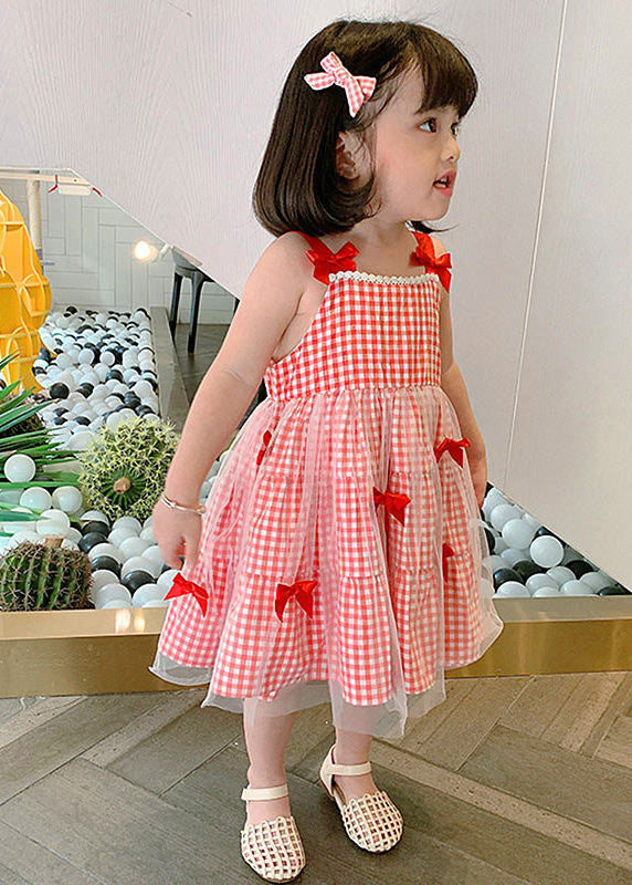 Elegant Red Plaid Patchwork Tulle Kids Slip Long Dress Summer