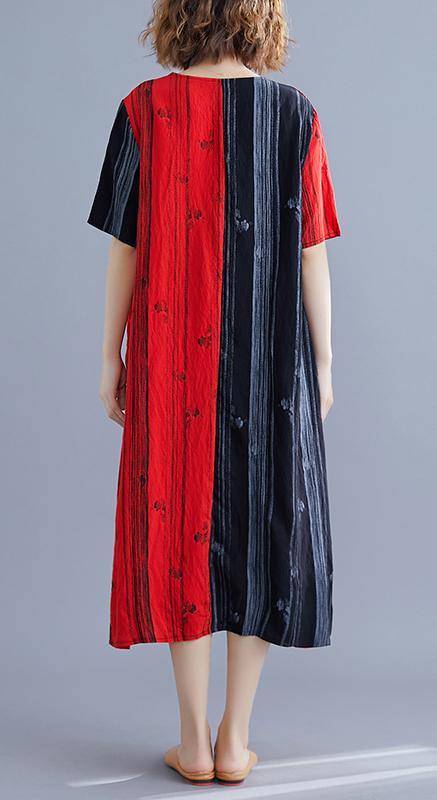 Elegant Red Print Cotton Patchwork Summer Dress - SooLinen