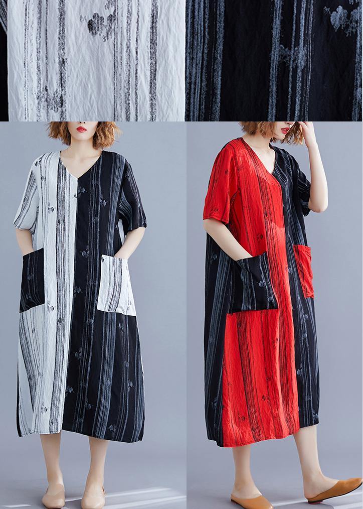 Elegant Red Print Cotton Patchwork Summer Dress - SooLinen