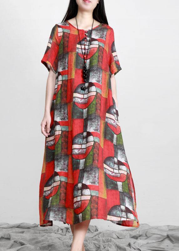 Elegant Red Print Linen Dress Pockets - SooLinen