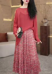 Elegant Red Print Tops And Spaghetti Strap Dress Cotton Two Pieces Set Long Sleeve