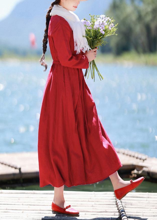 Elegant Red Quilting Clothes O Neck Drawstring Kaftan Spring Dresses - SooLinen