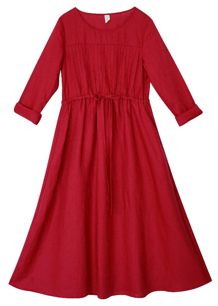 Elegant Red Quilting Clothes O Neck Drawstring Kaftan Spring Dresses - SooLinen