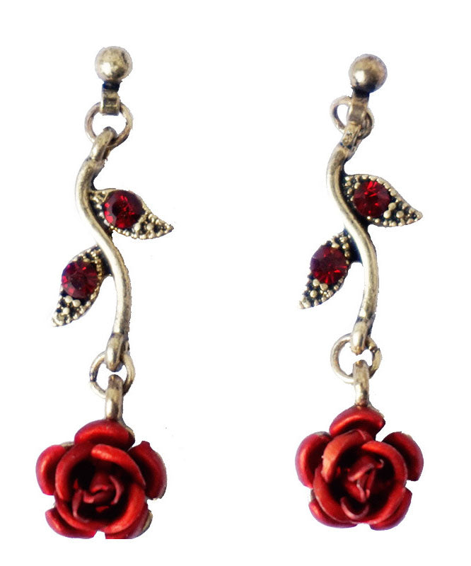Elegant Red Rose Metal Zircon Drop Earrings