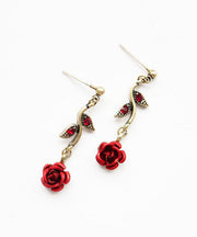 Elegant Red Rose Metal Zircon Drop Earrings