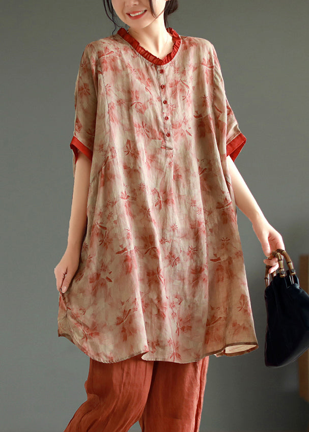 Elegant Red Ruffled Print Patchwork Linen Mid Dress Summer