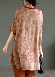 Elegant Red Ruffled Print Patchwork Linen Mid Dress Summer