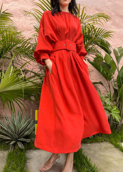 Elegant Red Slash Neck Pockets Sashes Silk Vacation Pleated Dresses Batwing Sleeve