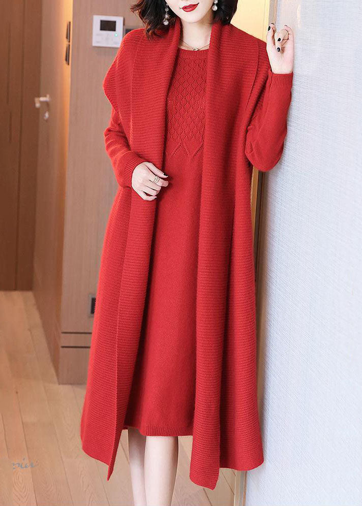 Elegant Red Solid Thick Knit Two Piece Set Women Clothing Winter