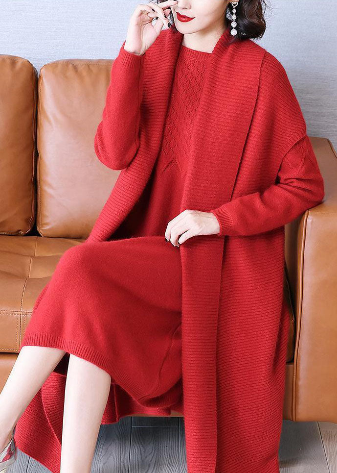 Elegant Red Solid Thick Knit Two Piece Set Women Clothing Winter