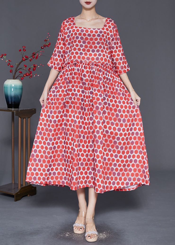 Elegant Red Square Collar Ruffled Print Robe Dresses Half Sleeve