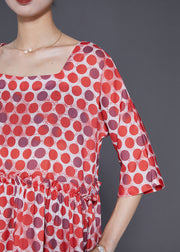 Elegant Red Square Collar Ruffled Print Robe Dresses Half Sleeve