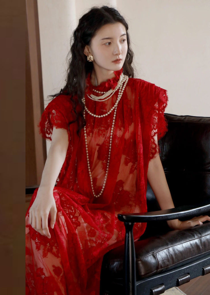 Elegant Red Stand Collar Hollow Out Lace Maxi Dresses Short Sleeve