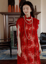 Elegant Red Stand Collar Hollow Out Lace Maxi Dresses Short Sleeve