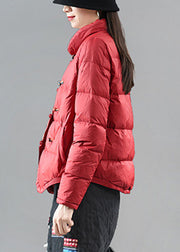Elegant Red Stand Collar Pockets Print asymmetrical design Winter down coat