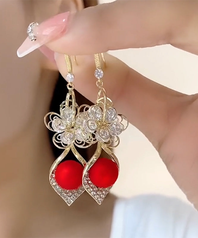 Elegant Red Sterling Silver Overgild Zircon Floral Drop Earrings