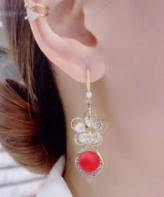 Elegant Red Sterling Silver Overgild Zircon Floral Drop Earrings