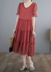 Elegant Red V Neck Dot Print Patchwork Chiffon Dresses Summer