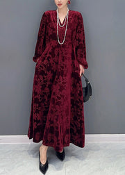 Elegant Red V Neck Jacquard Patchwork Velour Dresses Fall