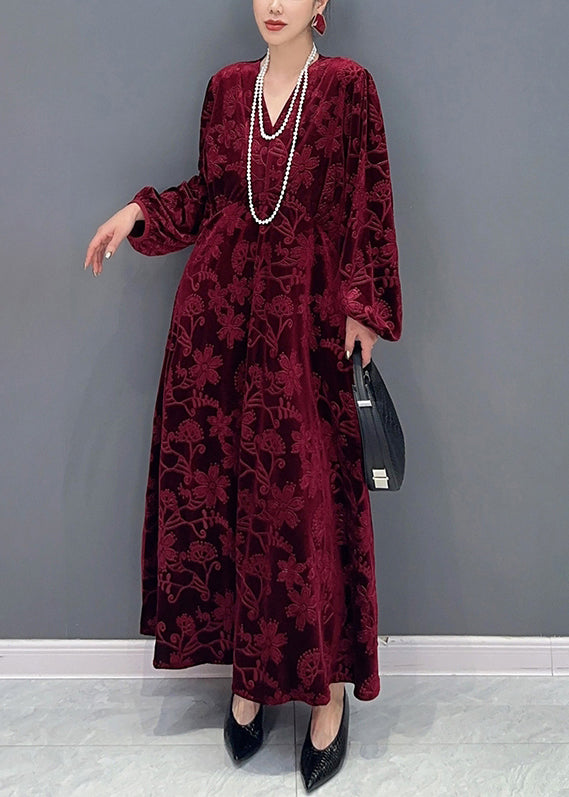 Elegant Red V Neck Jacquard Patchwork Velour Dresses Fall