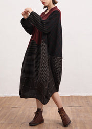 Elegant Red V Neck Plaid Patchwork Linen Dress Batwing Sleeve