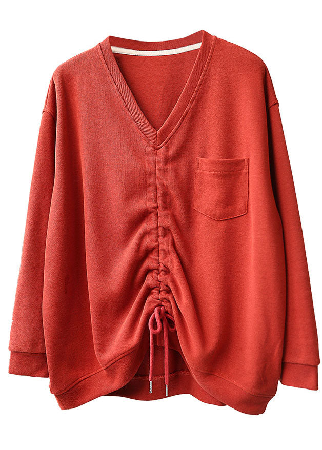Elegant Red V Neck Pockets Drawstring Fall Loose Sweatshirts Top