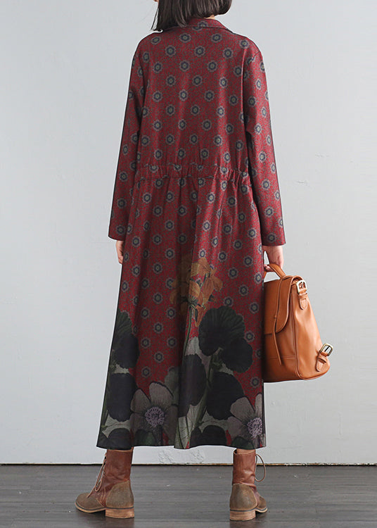 Elegant Red V Neck Print Button Maxi Trench Coats Fall