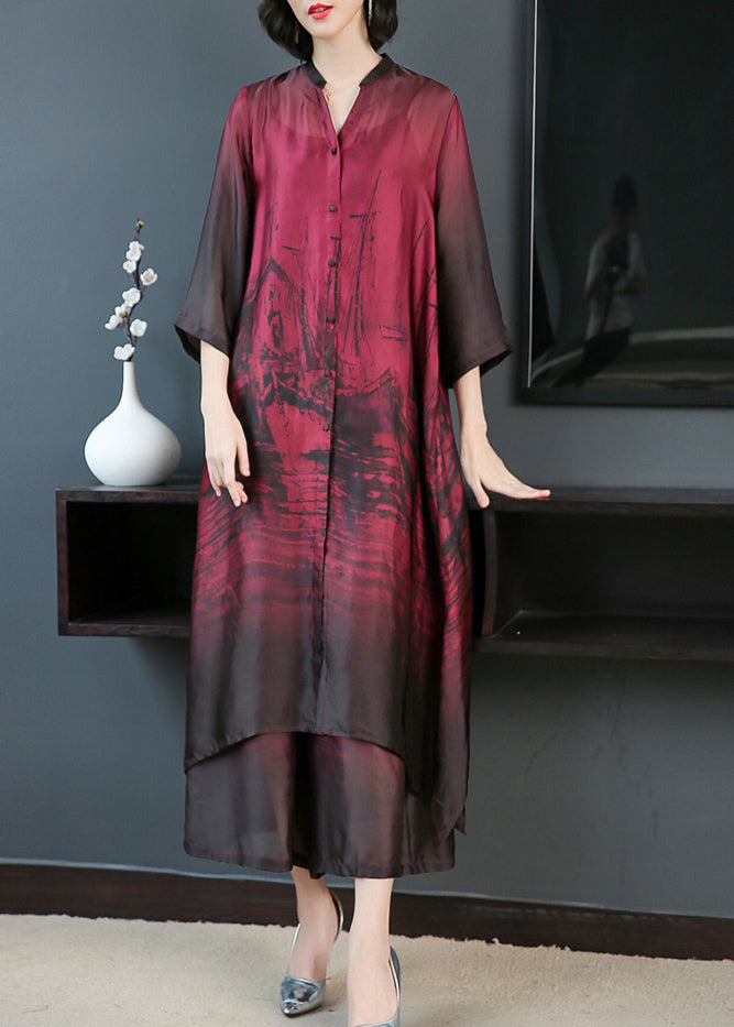 Elegant Red V Neck Print Silk Long Shirt Dress And Pants Two Pieces Set Summer