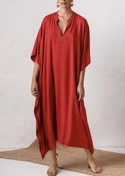 Elegant Red V Neck Side Open Solid Party Long Dress Summer