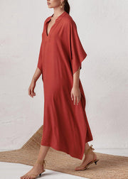 Elegant Red V Neck Side Open Solid Party Long Dress Summer