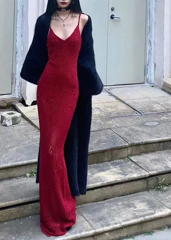 Elegant Red V Neck Solid Knit Maxi Dress Summer