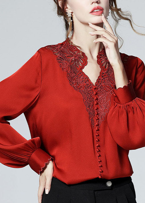 Elegant Red V Neck button Embroidered Patchwork Silk Shirt Top Spring