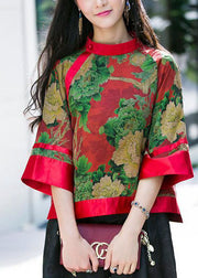 Elegant Red button Stand Collar print Silk tops Half Sleeve