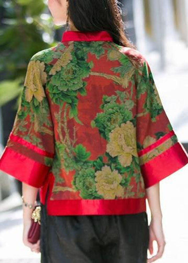 Elegant Red button Stand Collar print Silk tops Half Sleeve
